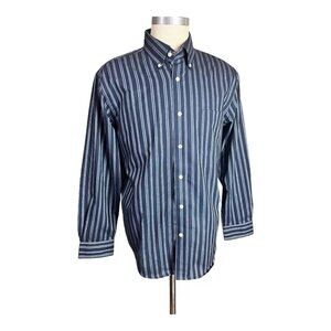 NEW St Johns Bay Iron Free Shirt Men L Navy Stripe Long Sleeve Button Oxford